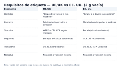 Matriz comparativa de elementos de etiqueta UE/UK vs EE. UU. para 2 g vacíos